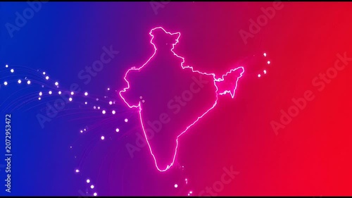 Neon india map outline with glowing data flow particles on blue and red gradient background