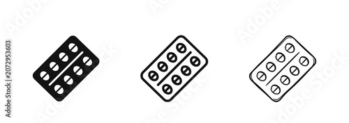 Cuadro en lienzo Pill blister pack icon set in flat, outline, and sketch style