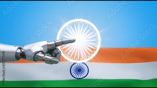 Robotic hand touching glowing ashoka chakra with waving indian flag background technology