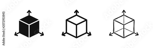 Fotografía 3D cube with dimension arrows icon set, solid, outline, and sketch style box mea