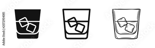 Fotografía Whiskey Glass with Ice Icons: Solid, Outline, and Hand-Drawn