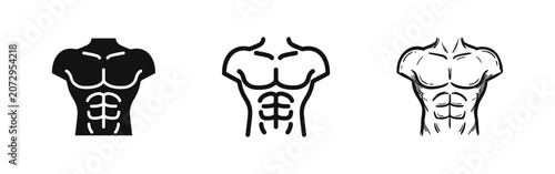 Fotografie Male Torso and Abs Icons Set: Solid, Outline, and Sketch Styles