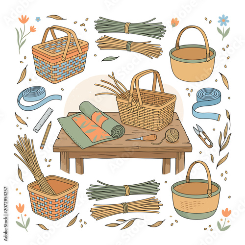 Woven baskets and crafting tools arranged.