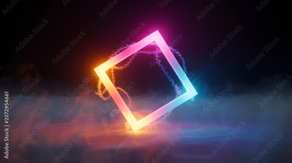 Obraz premium Glowing square frame with neon pink and blue light trails floating above a dark surface covered in dense fog and mist
