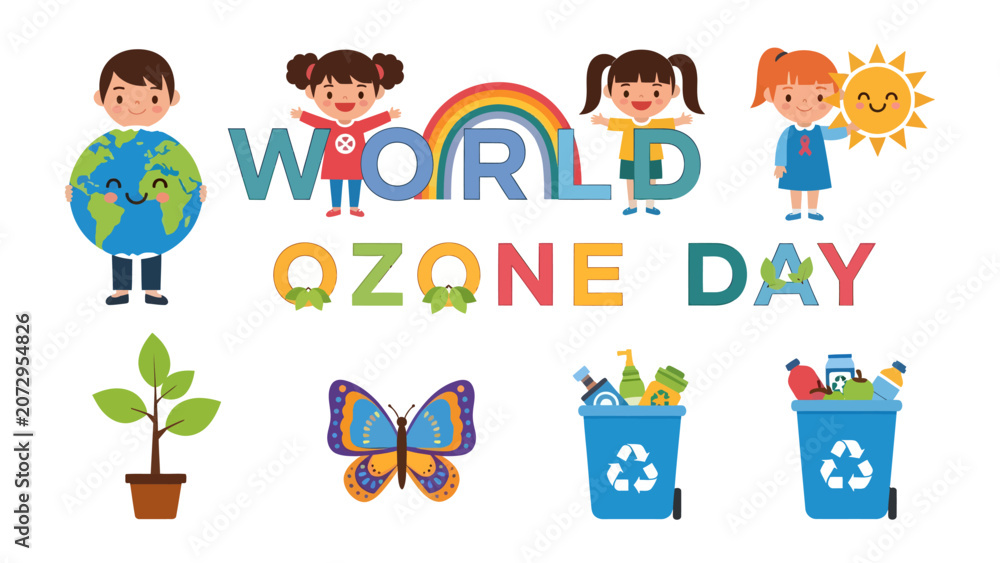 Naklejka premium World Ozone Day Celebration: Children joyfully celebrate World Ozone Day with colorful letters, a smiling Earth, a rainbow, a plant, a butterfly, and recycling bins, promoting environmental awareness.
