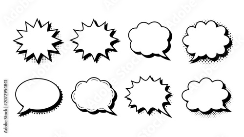 Image features a collection of eight distinct comic-style speech bubbles arranged in two rows. Each bubble is outlined in black and varies in shape, including starbursts, clouds, and jagged edges, all