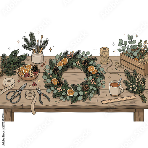 Obraz na plátne Wreath making on wooden worktable indoors.