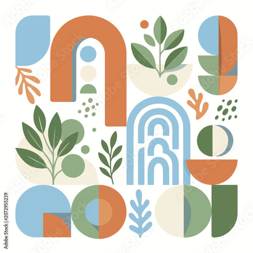 Colorful abstract shapes and leaves composition.