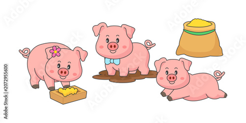 Valokuva Cartoon family of pig with a child, mom pig and pig dad