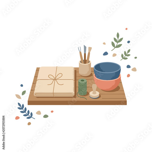 Colorful Art Supplies on Wooden Tray.