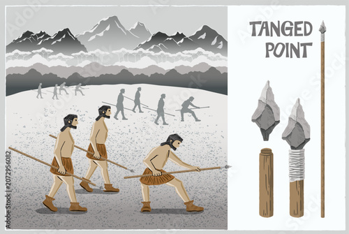 Korean Paleolithic Humans Hunting with Tanged Point Stone Spears Primitive Ancestors Vector Illustration