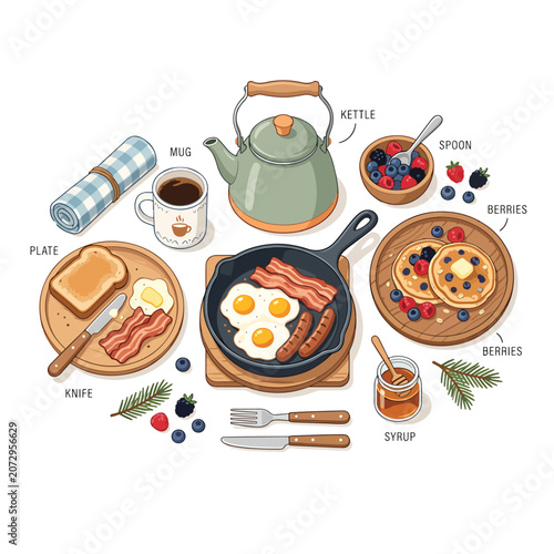 Breakfast food and kitchen utensils.