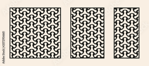 Decorative laser cut panels with geometric triskelion Y-shape pattern. CNC laser cutting template set, abstract interlocking propeller privacy screen vector. Modern geometric lattice panels for cnc ro