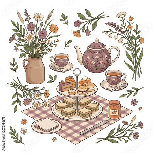 Quadro su tela Afternoon Tea with Fresh Flowers.