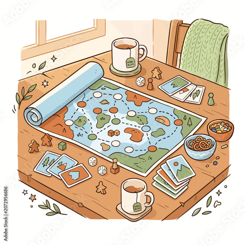 Board game with cards and snacks.