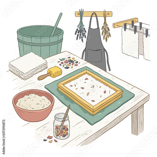 Baking preparation with ingredients and tools.