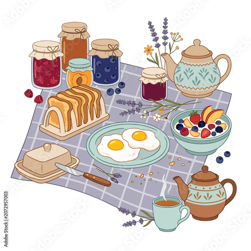 Breakfast table with food and drink 1.