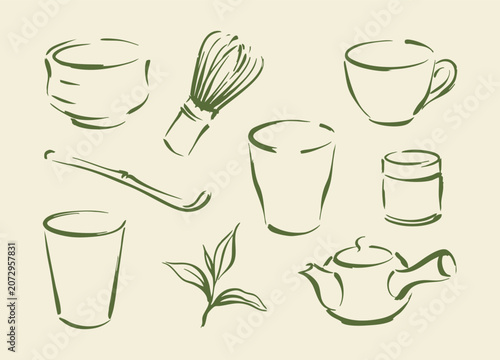 Bild auf Leinwand Hand drawn tea ceremony doodle set vector illustration with cups, matcha whisk,