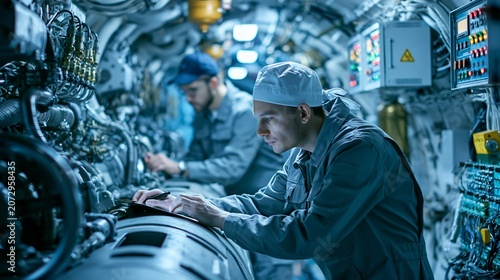 Submarine engineers working in a narrow engine room, inspecting mechanical systems and electrical equipment, industrial underwater vessel interior