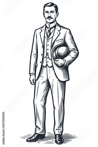 Vector engraving illustration of a vintage gentleman in a classic three-piece suit holding a bowler hat. Monochrome retro graphic isolated on white.