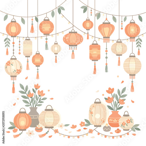Colorful Lanterns and Flowers Decoration.