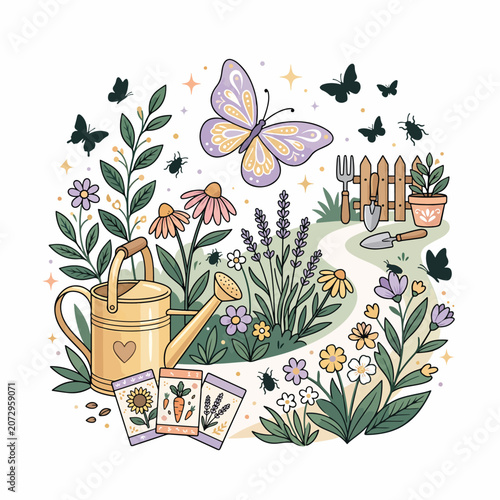 Colorful garden with flowers butterflies.
