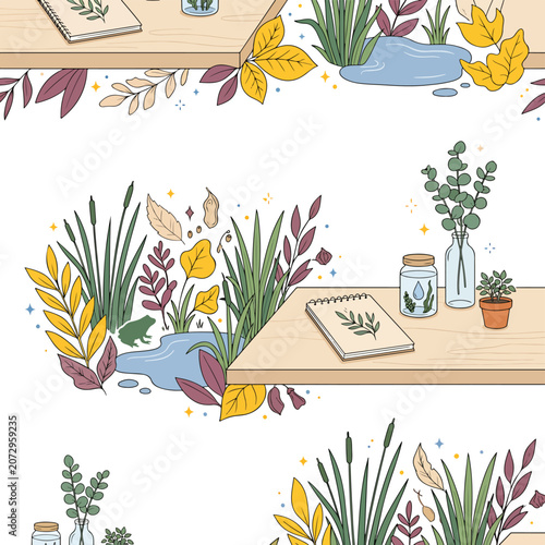 Colorful plants on wooden desk table.