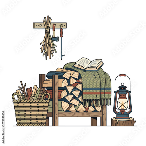 Cozy cabin interior with firewood and lamp.