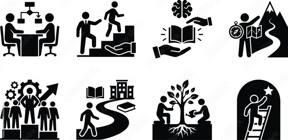 Obraz premium Corporate business mentorship and personal career growth icon set with professional leadership and strategic development symbols