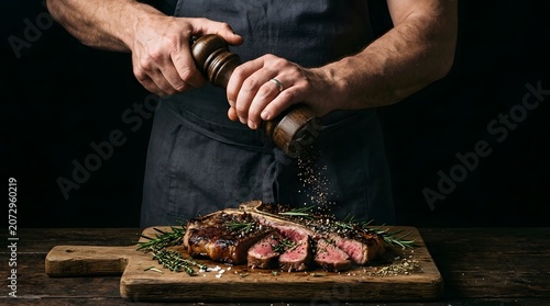 Professional male chef grinding fresh black pepper onto a perfectly grilled sliced T-bone steak on a wooden cutting board.