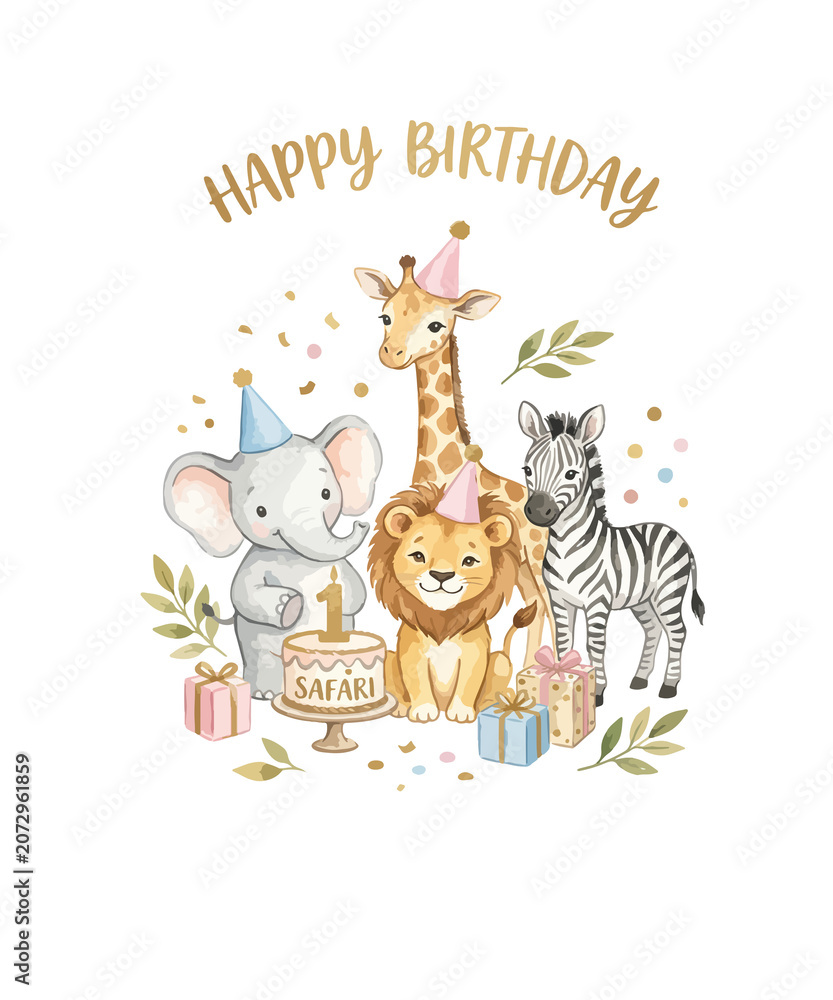 Fototapeta premium Safari animal happy birthday card with lion, giraffe, elephant and zebra. Cute jungle animals first birthday celebration with cake and gifts.