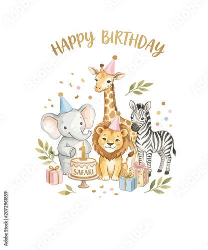 Photography Safari animal happy birthday card with lion, giraffe, elephant and zebra