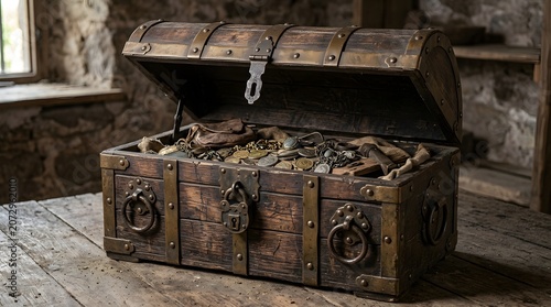 Vintage pirate treasure chest filled with coins and jewels