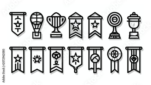 Collection of Award Ribbons and Trophies for Achievement.