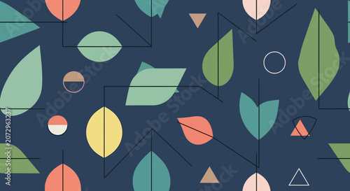 Abstract leaves pattern with geometric shapes on dark background