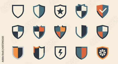 Set of Shield Icons with Various Designs and Colors