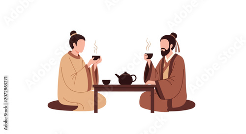 Two people in traditional chinese clothing drinking tea