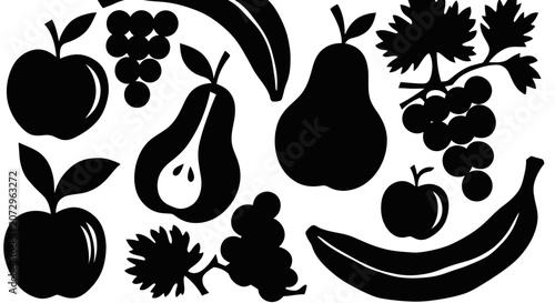 Silhouettes of fresh fruits, apples, pears, bananas, grapes
