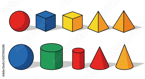 Colorful Geometric Shapes: Sphere, Cube, Pyramid, Cylinder, Cone