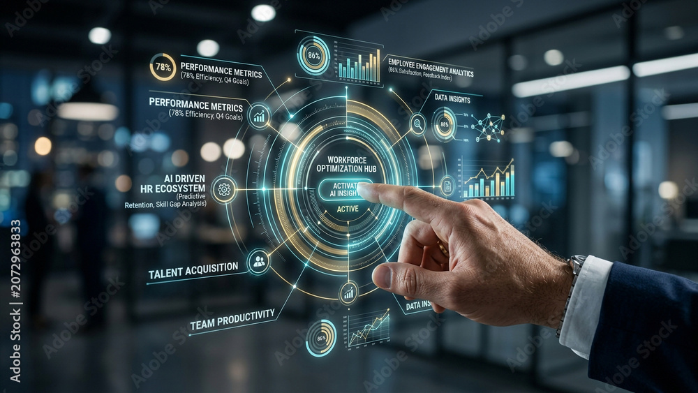 Fototapeta premium Professional interacting with a complex circular data visualization hologram