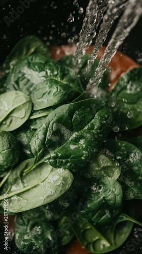Fresh green spinach leaves being washed under clear running water stream close up view of fresh spinach leaves rinsed under clean water stream