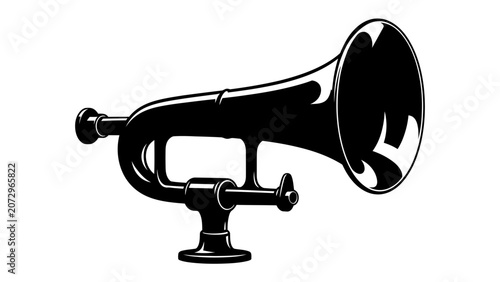 Schilderij op canvas Bugle Illustration: A black graphic illustration of a bugle, a simple brass instrument, detailed with a flare bell and mouthpiece, symbolizing announcement and fanfare