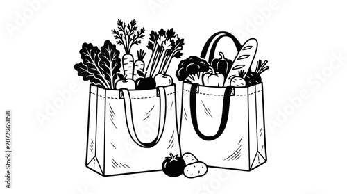 Photos Hand-drawn grocery bags overflowing with fresh vegetables and bread, black and white illustration