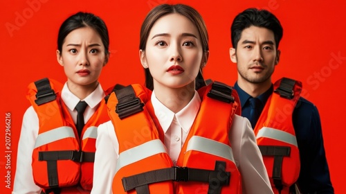 Diverse group of people in life jackets against a bold red background emphasizing safety and preparedness