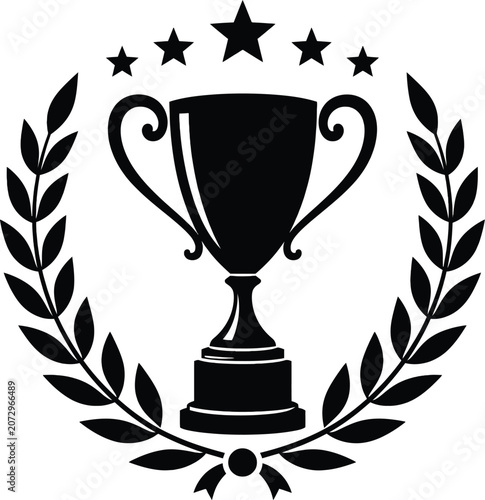Black silhouette of a trophy with laurel wreath and five pointed stars on a white background award achievement champion competition contest distinction