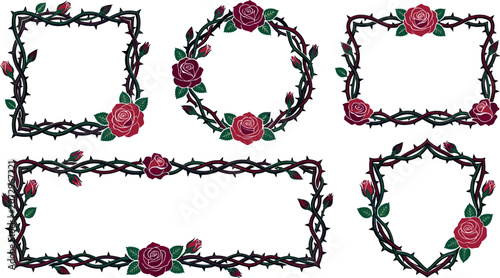 Photos Gothic Red Rose and Thorn Wreath Frame Border Set Vector Featuring Thorns Briar
