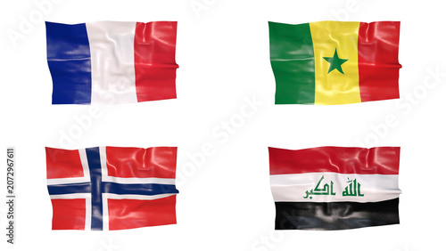 FIFA World Cup 2026 Group I Flags Set, 3D Waving Fabric Texture Illustration of France, Senegal, Norway and Iraq National Flags