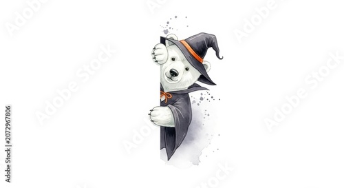 Adorable polar bear in halloween witch costume peeking curious design for festive cards