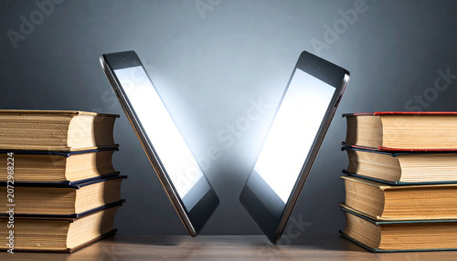 Digital versus Analog Knowledge: Two tablets, glowing with bright screens, stand between stacks of old books, symbolizing the intersection of modern technology and traditional learning.