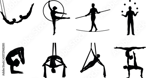 Fotografía Circus performer silhouettes vector set featuring aerialists acrobatics contorti